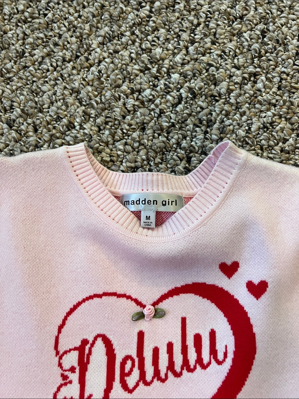 Madden Girl Pink Short-Sleeve Knit Top with Red Heart 'Delulu' - Picture 2 of 3